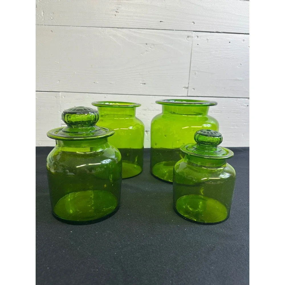 Vintage Green Glass Canister Set 4pc MCM Hand Blown Apothecary Jars